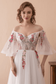 Beautiful White Tulle with Flowers Long Party Dress, A-line Off Shoulder Wedding Party Dress