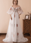 Beautiful White Tulle with Flowers Long Party Dress, A-line Off Shoulder Wedding Party Dress