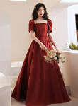 Wine Red Short Sleeves Long Formal Gown, Wine Red Long Prom Dress