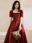 Wine Red Short Sleeves Long Formal Gown, Wine Red Long Prom Dress