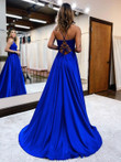 Royal Blue Satin and Lace Long Party Dress, A-line Royal Blue Prom Dress
