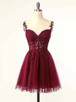 Wine Red Straps Tulle Short Party Dress, Wine Red Homecoming Dress