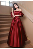 Dark Red Satin A-line Short Sleeves Party Dress, Dark Red Long Prom Dress
