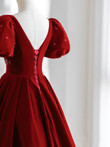 Wine Red Velvet Beaded Long Party Dress, V-neckline Velvet Prom Dress