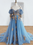 Blue Sweetheart Tulle with Gold Lace Long Party Dress, Blue Tulle Prom Dress