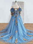 Blue Sweetheart Tulle with Gold Lace Long Party Dress, Blue Tulle Prom Dress