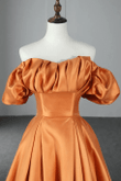 Orange Satin A-Line Floor Length Prom Dress, Off the Shoulder Long Formal Dress