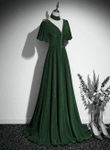 A-line Green Velvet High Neckline Long Party Dress, Green Velvet Prom Dress