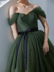 Dark Green Off Shoulder Tulle Long Party Dress, Green A-line Prom Dress