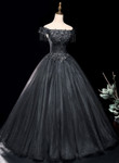 Black Off Shoulder Tulle Long Formal Dress, Black Tulle Ball Gown Prom Dress