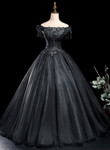 Black Off Shoulder Tulle Long Formal Dress, Black Tulle Ball Gown Prom Dress