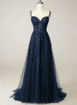 Navy Tulle and Lace A-line Long Prom Dress, Spaghetti Strap Evening Dress Party Dress