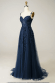 Navy Tulle and Lace A-line Long Prom Dress, Spaghetti Strap Evening Dress Party Dress