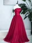 Dark Red Strapless Tulle and Satin Prom Dress, Dark Red Long Formal Dress