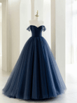 Navy Blue Tulle Off Shoulder Long Party Dress, A-line Blue Formal Dress Prom Dress