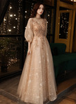 A-Line High Neckline Long Party Dress, Champagne Tulle Long Prom Dress Evening Dress