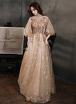 A-Line High Neckline Long Party Dress, Champagne Tulle Long Prom Dress Evening Dress