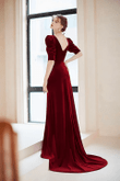 Wine Red Velvet Long Mermaid Prom Dress, Short Sleeves Evening Dress with Slit