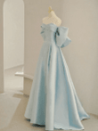 A-line Light Blue Satin Off Shoulder Long Party Dress, Light Blue Prom Dress