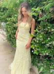 Lovely Light Yellow Tulle and Lace Long Party Dress, Backless Straps Prom Dress