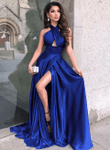 Royal Blue Satin Halter Long Party Dress with Slit, Royal Blue Evening Dress