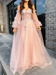 Pink Puffy Sleeves Tulle Long Party Dress, A-line Pink Evening Dress Prom Dress