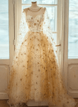 Light Champagne Tulle Long Prom Dress With Stars, Unique Sparkly Eveing Dress