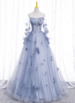 Light Blue Flowers Tulle Off Shoulder Long Formal Dress, Blue Sweet 16 Dress