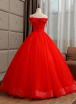 Red Off Shoulder Ball Gown Tulle Sweet 16 Dress, Red Tulle Long Party Dress