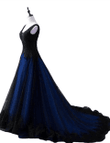 Black and Blue V-neckline Lace and Tulle Applique Long Party Dress, Black and Blue Prom Dress