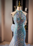 Chic Blue Mermaid Sequins Halter Long Party Dress with Bow, Blue Sequins Evening Dress
