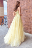 Light Yellow Applique A-line Lace-Up Long Prom Dress, Light Yellow Lace Party Dress