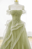 Light Green Off Shoulder Beaded Party Dress, Light Green Tulle Formal Dress