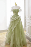 Light Green Off Shoulder Beaded Party Dress, Light Green Tulle Formal Dress