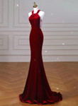 Burgundy Halter Backless Velvet Mermaid Party Dress, Burgundy Evening Dress Prom Dress