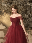 Wine Red Tulle Off Shoulder Long Party Dress, A-line Wine Red Tulle Evening Dress