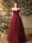 Wine Red Tulle Off Shoulder Long Party Dress, A-line Wine Red Tulle Evening Dress