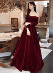 Burgundy Beaded Puffy Sleeves Long Formal Dress, Burgundy Velvet A-line Party Dress
