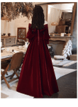 Burgundy Beaded Puffy Sleeves Long Formal Dress, Burgundy Velvet A-line Party Dress