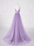 A-line Tulle Lavender Beaded Long Prom Dress, Lavender Tulle Formal Dress