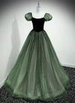 Lovely Green Tulle Long Formal Dress, Green A-line Short Sleeves Party Dress
