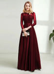 Wine Red Satin and Lace Long Sleeves Party Dress, Wine Red Evening Dress Prom Dress