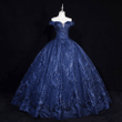 Blue Floral Tulle Ball Gown Sweet 16 Dress, Blue Off Shoulder Long Formal Dress