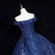 Blue Floral Tulle Ball Gown Sweet 16 Dress, Blue Off Shoulder Long Formal Dress