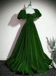 A-line Velvet Backless Long Evening Dress, Green Short Sleeves Formal Dress Prom Dress