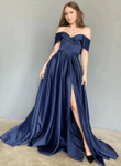 Blue A Line Satin Off The Shoulder Long Prom Dress, Blue Formal Evening Dress