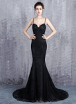 Black Mermaid Lace Straps Long Formal Dress, Black Sweethart Prom Dress