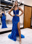 Royal Blue Straps Long Party Dress with Leg Slit, Royal Blue Lace Applique Prom Dress