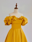 Yellow Satin A-line Off Shoulder Sweetheart Party Dress, Yellow Floor Length Prom Dress