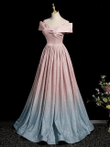 Pink Satin Off Shoulder Long Party Dress, A-line Pink Evening Dress Prom Dress